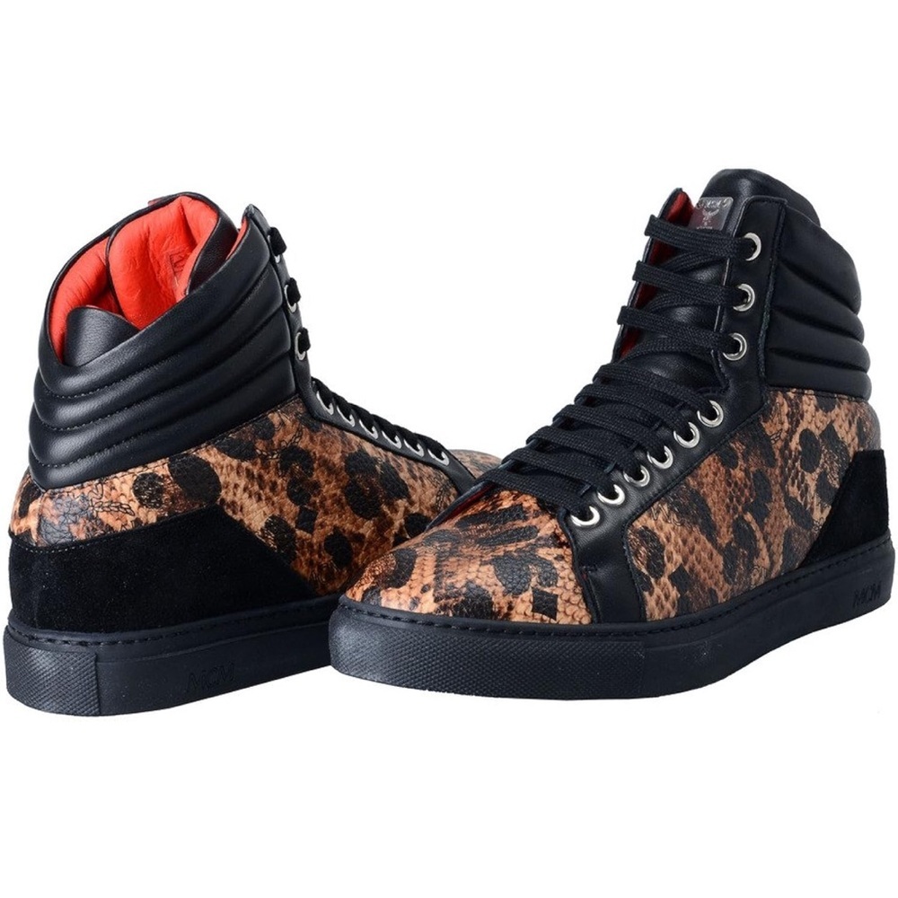 MCM Visetos Men's Jaguar Black and Brown Patterned Hi-top Sneakers